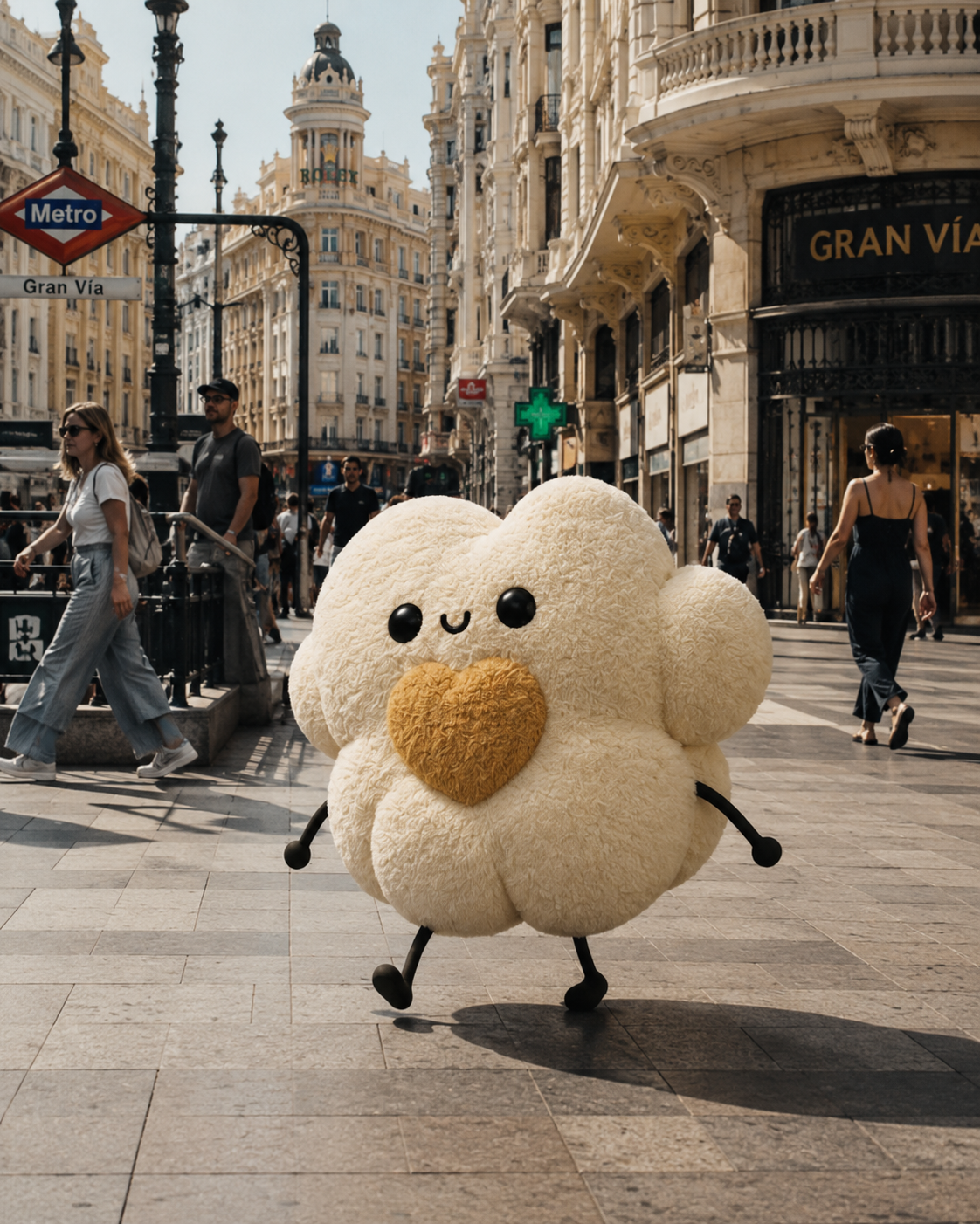 Peluche oficial PimPamPop paseando por Gran Vía, Madrid